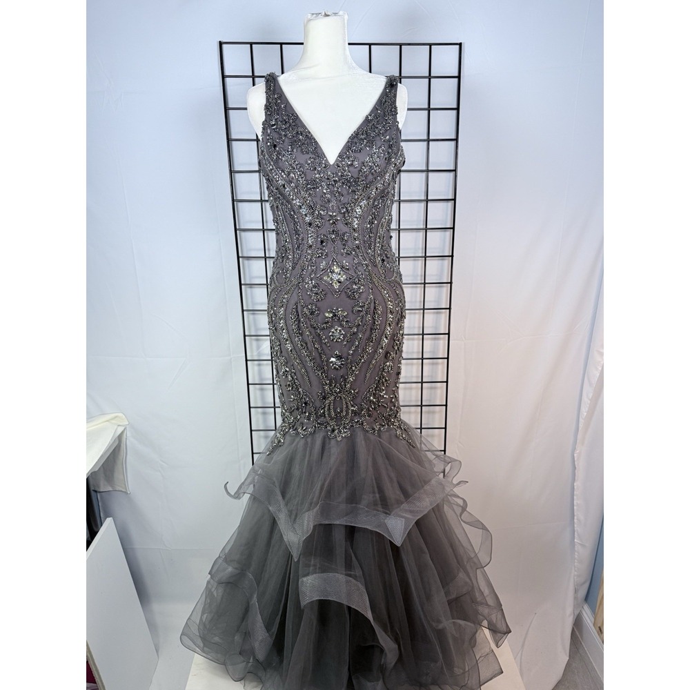 Tiffany Designs 16351 Tiered Skirt Prom Gown Dress 4 Beaded Fit & Flare Slate